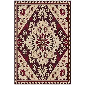 Pamuk Dokuma Taban Halı – Krem; Bordo; Kahverengi – Oriental Desen, Makinede Yıkanabilir, Kolay Temizlenebilir, Toz Ve Tüy Tutmaz, Kaymaz, Evcil Hayvan Dostu