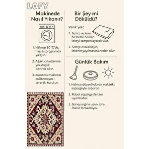 Pamuk Dokuma Taban Halı – Krem; Bordo; Kahverengi – Oriental Desen, Makinede Yıkanabilir, Kolay Temizlenebilir, Toz Ve Tüy Tutmaz, Kaymaz, Evcil Hayvan Dostu