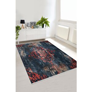 Yıkanabilir Halı – Kırmızı; Lacivert; Bej – Damask Desen, Eskitilmiş Görünümlü Tasarım, Pamuk Dokuma Taban, Kolay Temizlenebilir, Toz Ve Tüy Tutmaz, Kaymaz, Evcil Hayvan Dostu 150x150 cm