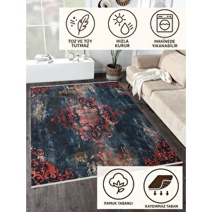 Yıkanabilir Halı – Kırmızı; Lacivert; Bej – Damask Desen, Eskitilmiş Görünümlü Tasarım, Pamuk Dokuma Taban, Kolay Temizlenebilir, Toz Ve Tüy Tutmaz, Kaymaz, Evcil Hayvan Dostu 150x150 cm