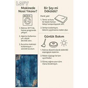Pamuk Dokuma Taban Halı – Mavi; Turuncu; Krem – Eskitilmiş Görünümlü Oriental Desen, Makinede Yıkanabilir, Kolay Temizlenebilir, Toz Ve Tüy Tutmaz, Kaymaz, Evcil Hayvan Dostu