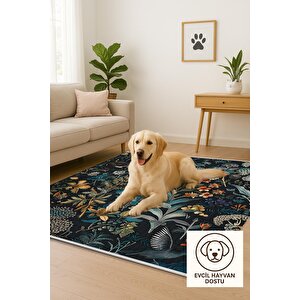 Oturma Odası Halısı – Siyah; Turuncu – Çiçekli Desen, Makinede Yıkanabilir, Kolay Temizlenebilir, Toz Ve Tüy Tutmaz, Kaymaz, Evcil Hayvan Dostu 180x270 cm