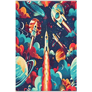 Pamuk Dokuma Taban Halı – Lacivert; Kırmızı; Turuncu; Sarı; Turkuaz – Uzay Temalı Desen, Makinede Yıkanabilir, Kolay Temizlenebilir, Toz Ve Tüy Tutmaz, Kaymaz, Evcil Hayvan Dostu 80x80 cm