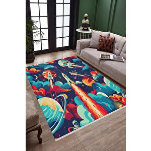 Pamuk Dokuma Taban Halı – Lacivert; Kırmızı; Turuncu; Sarı; Turkuaz – Uzay Temalı Desen, Makinede Yıkanabilir, Kolay Temizlenebilir, Toz Ve Tüy Tutmaz, Kaymaz, Evcil Hayvan Dostu 80x80 cm