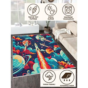 Pamuk Dokuma Taban Halı – Lacivert; Kırmızı; Turuncu; Sarı; Turkuaz – Uzay Temalı Desen, Makinede Yıkanabilir, Kolay Temizlenebilir, Toz Ve Tüy Tutmaz, Kaymaz, Evcil Hayvan Dostu 80x80 cm