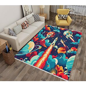 Pamuk Dokuma Taban Halı – Lacivert; Kırmızı; Turuncu; Sarı; Turkuaz – Uzay Temalı Desen, Makinede Yıkanabilir, Kolay Temizlenebilir, Toz Ve Tüy Tutmaz, Kaymaz, Evcil Hayvan Dostu
