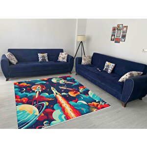 Pamuk Dokuma Taban Halı – Lacivert; Kırmızı; Turuncu; Sarı; Turkuaz – Uzay Temalı Desen, Makinede Yıkanabilir, Kolay Temizlenebilir, Toz Ve Tüy Tutmaz, Kaymaz, Evcil Hayvan Dostu