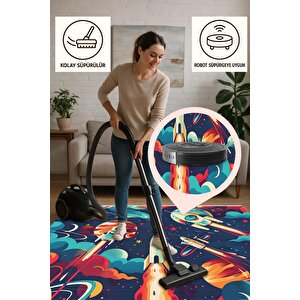Pamuk Dokuma Taban Halı – Lacivert; Kırmızı; Turuncu; Sarı; Turkuaz – Uzay Temalı Desen, Makinede Yıkanabilir, Kolay Temizlenebilir, Toz Ve Tüy Tutmaz, Kaymaz, Evcil Hayvan Dostu