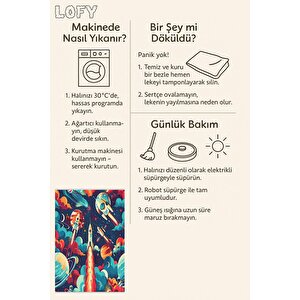 Pamuk Dokuma Taban Halı – Lacivert; Kırmızı; Turuncu; Sarı; Turkuaz – Uzay Temalı Desen, Makinede Yıkanabilir, Kolay Temizlenebilir, Toz Ve Tüy Tutmaz, Kaymaz, Evcil Hayvan Dostu