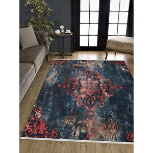 Yıkanabilir Halı – Kırmızı; Lacivert; Bej – Damask Desen, Eskitilmiş Görünümlü Tasarım, Pamuk Dokuma Taban, Kolay Temizlenebilir, Toz Ve Tüy Tutmaz, Kaymaz, Evcil Hayvan Dostu