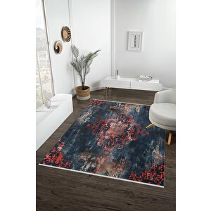 Yıkanabilir Halı – Kırmızı; Lacivert; Bej – Damask Desen, Eskitilmiş Görünümlü Tasarım, Pamuk Dokuma Taban, Kolay Temizlenebilir, Toz Ve Tüy Tutmaz, Kaymaz, Evcil Hayvan Dostu
