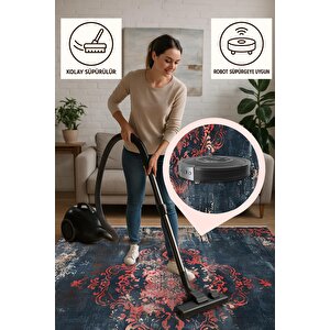 Yıkanabilir Halı – Kırmızı; Lacivert; Bej – Damask Desen, Eskitilmiş Görünümlü Tasarım, Pamuk Dokuma Taban, Kolay Temizlenebilir, Toz Ve Tüy Tutmaz, Kaymaz, Evcil Hayvan Dostu