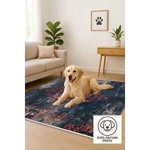 Yıkanabilir Halı – Kırmızı; Lacivert; Bej – Damask Desen, Eskitilmiş Görünümlü Tasarım, Pamuk Dokuma Taban, Kolay Temizlenebilir, Toz Ve Tüy Tutmaz, Kaymaz, Evcil Hayvan Dostu