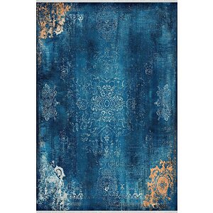 Pamuk Dokuma Taban Halı – Mavi; Turuncu; Krem – Eskitilmiş Görünümlü Oriental Desen, Makinede Yıkanabilir, Kolay Temizlenebilir, Toz Ve Tüy Tutmaz, Kaymaz, Evcil Hayvan Dostu 200x220 cm