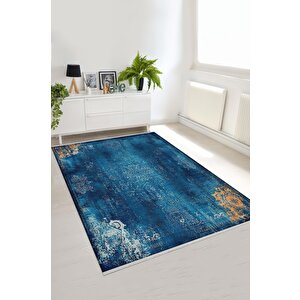 Pamuk Dokuma Taban Halı – Mavi; Turuncu; Krem – Eskitilmiş Görünümlü Oriental Desen, Makinede Yıkanabilir, Kolay Temizlenebilir, Toz Ve Tüy Tutmaz, Kaymaz, Evcil Hayvan Dostu 200x220 cm