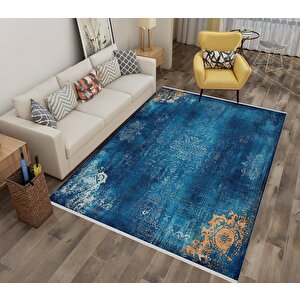 Pamuk Dokuma Taban Halı – Mavi; Turuncu; Krem – Eskitilmiş Görünümlü Oriental Desen, Makinede Yıkanabilir, Kolay Temizlenebilir, Toz Ve Tüy Tutmaz, Kaymaz, Evcil Hayvan Dostu 200x220 cm