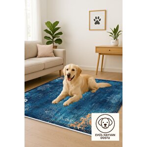 Pamuk Dokuma Taban Halı – Mavi; Turuncu; Krem – Eskitilmiş Görünümlü Oriental Desen, Makinede Yıkanabilir, Kolay Temizlenebilir, Toz Ve Tüy Tutmaz, Kaymaz, Evcil Hayvan Dostu