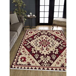 Pamuk Dokuma Taban Halı – Krem; Bordo; Kahverengi – Oriental Desen, Makinede Yıkanabilir, Kolay Temizlenebilir, Toz Ve Tüy Tutmaz, Kaymaz, Evcil Hayvan Dostu 80x150 cm
