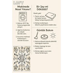 Pamuk Dokuma Taban Halı – Krem; Gri – Floral Desen, Makinede Yıkanabilir, Kolay Temizlenebilir, Toz Ve Tüy Tutmaz, Kaymaz, Evcil Hayvan Dostu