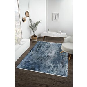 Yıkanabilir Halı – Mavi; Gri – Soyut Desen, Pamuk Dokuma Taban, Kolay Temizlenebilir, Toz Ve Tüy Tutmaz, Kaymaz, Evcil Hayvan Dostu