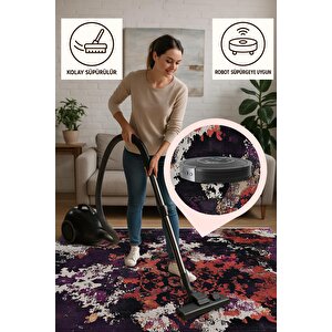 Pamuk Dokuma Taban Halı – Mor; Kırmızı; Siyah; Gri – Eskitilmiş Görünümlü Soyut Desen, Makinede Yıkanabilir, Kolay Temizlenebilir, Toz Ve Tüy Tutmaz, Kaymaz, Evcil Hayvan Dostu