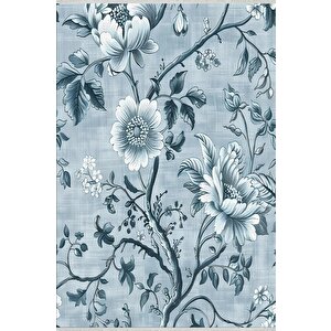 Pamuk Dokuma Taban Halı – Mavi; Beyaz; Siyah – Floral Desen, Makinede Yıkanabilir, Kolay Temizlenebilir, Toz Ve Tüy Tutmaz, Kaymaz, Evcil Hayvan Dostu