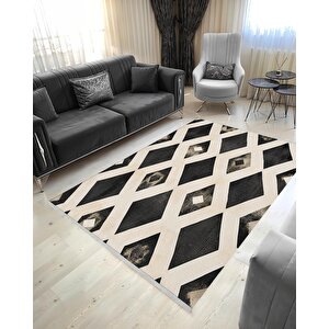 Mutfak Halısı – Siyah; Krem – Geometrik Desen, Makinede Yıkanabilir, Kolay Temizlenebilir, Toz Ve Tüy Tutmaz, Kaymaz, Evcil Hayvan Dostu