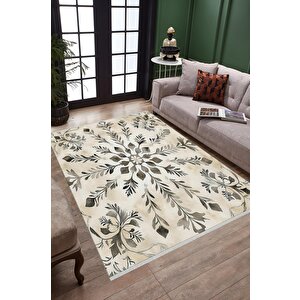 Pamuk Dokuma Taban Halı – Krem; Gri – Floral Desen, Makinede Yıkanabilir, Kolay Temizlenebilir, Toz Ve Tüy Tutmaz, Kaymaz, Evcil Hayvan Dostu 150x240 cm