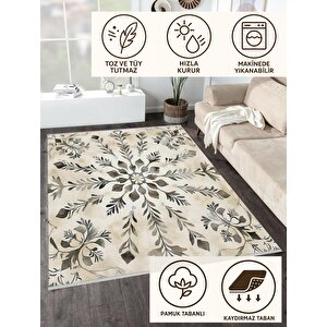 Pamuk Dokuma Taban Halı – Krem; Gri – Floral Desen, Makinede Yıkanabilir, Kolay Temizlenebilir, Toz Ve Tüy Tutmaz, Kaymaz, Evcil Hayvan Dostu 150x240 cm