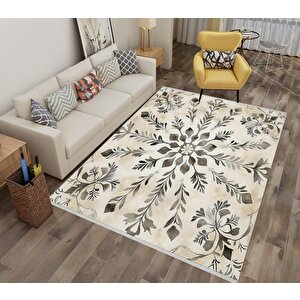Pamuk Dokuma Taban Halı – Krem; Gri – Floral Desen, Makinede Yıkanabilir, Kolay Temizlenebilir, Toz Ve Tüy Tutmaz, Kaymaz, Evcil Hayvan Dostu