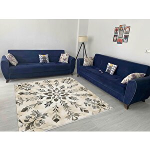 Pamuk Dokuma Taban Halı – Krem; Gri – Floral Desen, Makinede Yıkanabilir, Kolay Temizlenebilir, Toz Ve Tüy Tutmaz, Kaymaz, Evcil Hayvan Dostu