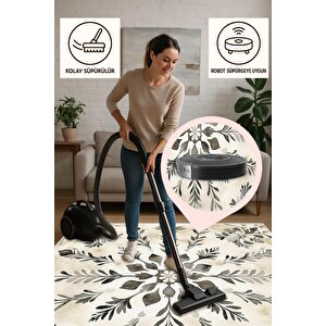 Pamuk Dokuma Taban Halı – Krem; Gri – Floral Desen, Makinede Yıkanabilir, Kolay Temizlenebilir, Toz Ve Tüy Tutmaz, Kaymaz, Evcil Hayvan Dostu