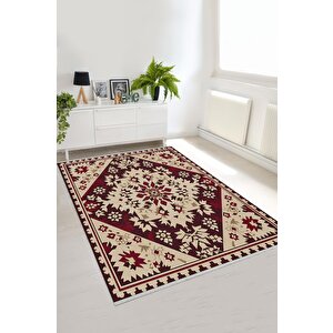 Pamuk Dokuma Taban Halı – Krem; Bordo; Kahverengi – Oriental Desen, Makinede Yıkanabilir, Kolay Temizlenebilir, Toz Ve Tüy Tutmaz, Kaymaz, Evcil Hayvan Dostu 120x270 cm