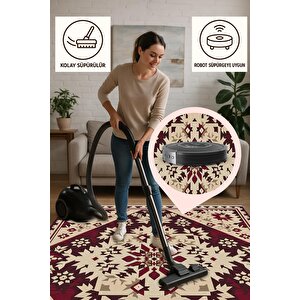 Pamuk Dokuma Taban Halı – Krem; Bordo; Kahverengi – Oriental Desen, Makinede Yıkanabilir, Kolay Temizlenebilir, Toz Ve Tüy Tutmaz, Kaymaz, Evcil Hayvan Dostu