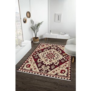 Pamuk Dokuma Taban Halı – Krem; Bordo; Kahverengi – Oriental Desen, Makinede Yıkanabilir, Kolay Temizlenebilir, Toz Ve Tüy Tutmaz, Kaymaz, Evcil Hayvan Dostu