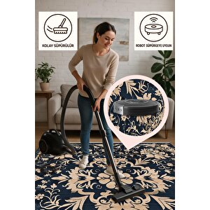 Oturma Odası Halısı – Lacivert; Bej – Eskitilmiş Görünümlü Tasarım, Makinede Yıkanabilir, Kolay Temizlenebilir, Toz Ve Tüy Tutmaz, Kaymaz, Evcil Hayvan Dostu