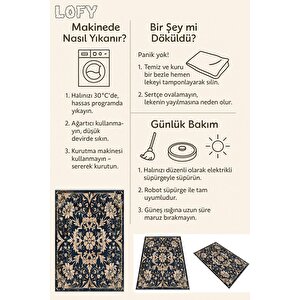 Oturma Odası Halısı – Lacivert; Bej – Eskitilmiş Görünümlü Tasarım, Makinede Yıkanabilir, Kolay Temizlenebilir, Toz Ve Tüy Tutmaz, Kaymaz, Evcil Hayvan Dostu