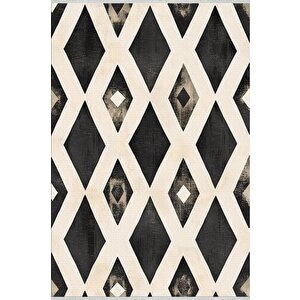 Mutfak Halısı – Siyah; Krem – Geometrik Desen, Makinede Yıkanabilir, Kolay Temizlenebilir, Toz Ve Tüy Tutmaz, Kaymaz, Evcil Hayvan Dostu 100x180 cm