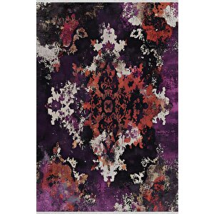 Pamuk Dokuma Taban Halı – Mor; Kırmızı; Siyah; Gri – Eskitilmiş Görünümlü Soyut Desen, Makinede Yıkanabilir, Kolay Temizlenebilir, Toz Ve Tüy Tutmaz, Kaymaz, Evcil Hayvan Dostu 200x220 cm