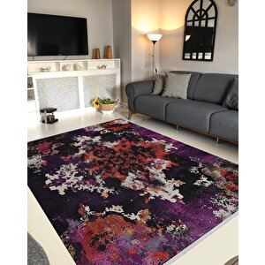 Pamuk Dokuma Taban Halı – Mor; Kırmızı; Siyah; Gri – Eskitilmiş Görünümlü Soyut Desen, Makinede Yıkanabilir, Kolay Temizlenebilir, Toz Ve Tüy Tutmaz, Kaymaz, Evcil Hayvan Dostu 200x220 cm