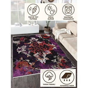 Pamuk Dokuma Taban Halı – Mor; Kırmızı; Siyah; Gri – Eskitilmiş Görünümlü Soyut Desen, Makinede Yıkanabilir, Kolay Temizlenebilir, Toz Ve Tüy Tutmaz, Kaymaz, Evcil Hayvan Dostu