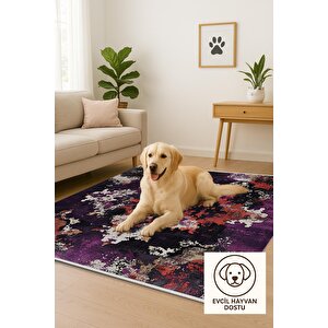 Pamuk Dokuma Taban Halı – Mor; Kırmızı; Siyah; Gri – Eskitilmiş Görünümlü Soyut Desen, Makinede Yıkanabilir, Kolay Temizlenebilir, Toz Ve Tüy Tutmaz, Kaymaz, Evcil Hayvan Dostu