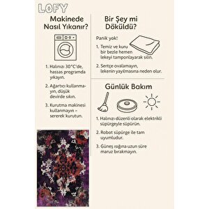 Pamuk Dokuma Taban Halı – Mor; Kırmızı; Siyah; Gri – Eskitilmiş Görünümlü Soyut Desen, Makinede Yıkanabilir, Kolay Temizlenebilir, Toz Ve Tüy Tutmaz, Kaymaz, Evcil Hayvan Dostu