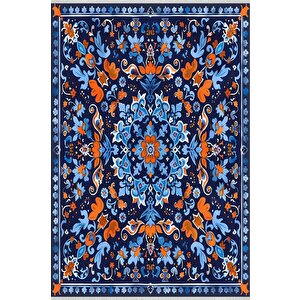 Pamuk Dokuma Taban Halı – Lacivert; Mavi; Turuncu – Geleneksel Desen, Makinede Yıkanabilir, Kolay Temizlenebilir, Toz Ve Tüy Tutmaz, Kaymaz, Evcil Hayvan Dostu 160x350 cm
