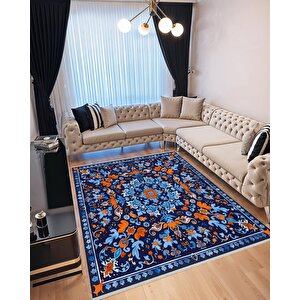 Pamuk Dokuma Taban Halı – Lacivert; Mavi; Turuncu – Geleneksel Desen, Makinede Yıkanabilir, Kolay Temizlenebilir, Toz Ve Tüy Tutmaz, Kaymaz, Evcil Hayvan Dostu 160x350 cm