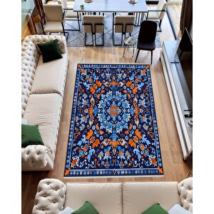 Pamuk Dokuma Taban Halı – Lacivert; Mavi; Turuncu – Geleneksel Desen, Makinede Yıkanabilir, Kolay Temizlenebilir, Toz Ve Tüy Tutmaz, Kaymaz, Evcil Hayvan Dostu 160x350 cm