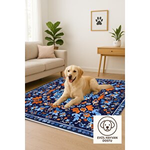Pamuk Dokuma Taban Halı – Lacivert; Mavi; Turuncu – Geleneksel Desen, Makinede Yıkanabilir, Kolay Temizlenebilir, Toz Ve Tüy Tutmaz, Kaymaz, Evcil Hayvan Dostu