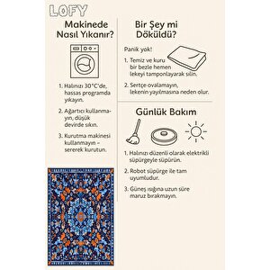 Pamuk Dokuma Taban Halı – Lacivert; Mavi; Turuncu – Geleneksel Desen, Makinede Yıkanabilir, Kolay Temizlenebilir, Toz Ve Tüy Tutmaz, Kaymaz, Evcil Hayvan Dostu