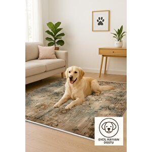 Halı – Kahverengi; Krem – Eskitilmiş Görünümlü Tasarım, Makinede Yıkanabilir, Kolay Temizlenebilir, Toz Ve Tüy Tutmaz, Kaymaz, Evcil Hayvan Dostu 120x270 cm