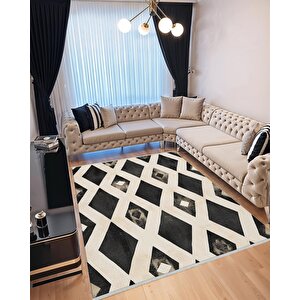 Mutfak Halısı – Siyah; Krem – Geometrik Desen, Makinede Yıkanabilir, Kolay Temizlenebilir, Toz Ve Tüy Tutmaz, Kaymaz, Evcil Hayvan Dostu 180x270 cm